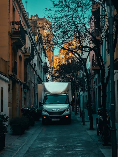 A white Iveco moving van parked in a narrow residential street lined with multi-storey buildings featuring balconies and large windows. The street is flanked by leafless trees with bare branches stret
