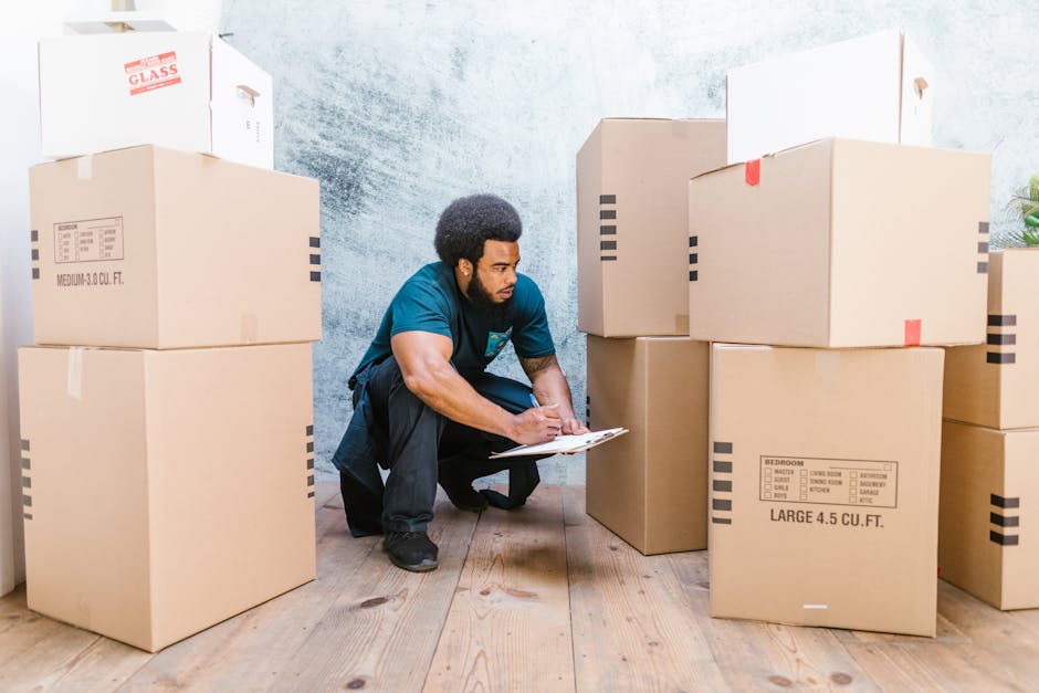 A person with shoulder-length brown hair, wearing a black headband, navy blue work clothes, and orange sneakers, is crouching inside a room surrounded by large cardboard moving boxes, some stacked on 